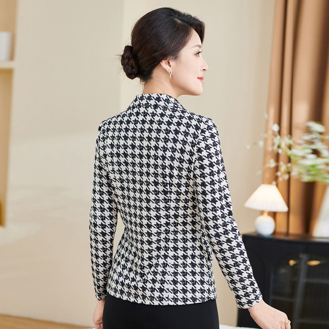 Xiangmulan 2025 autumn and winter houndstooth long-sleeved shirt jacket temperament lapel mother's wear large size slim shirt