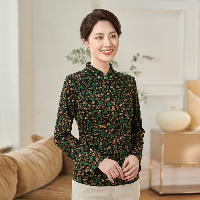 Xiangmulan Chinese Style Disc Button Stand Collar Pullover T-shirt Women's Autumn and Winter New Floral Mother's Wear