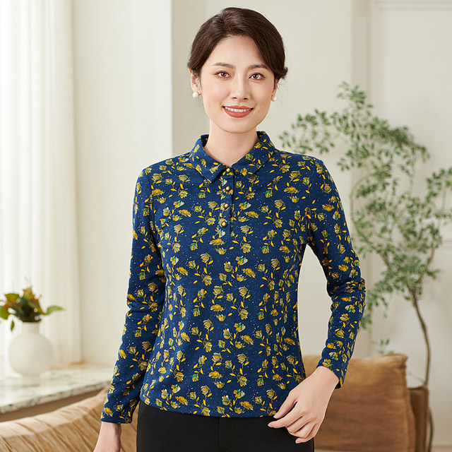 Xiangmulan 2025 Spring and Autumn New Middle-aged and Elderly Mommy Clothes POLO Collar Large Size Long Sleeve Pullover Floral Shirt for Women