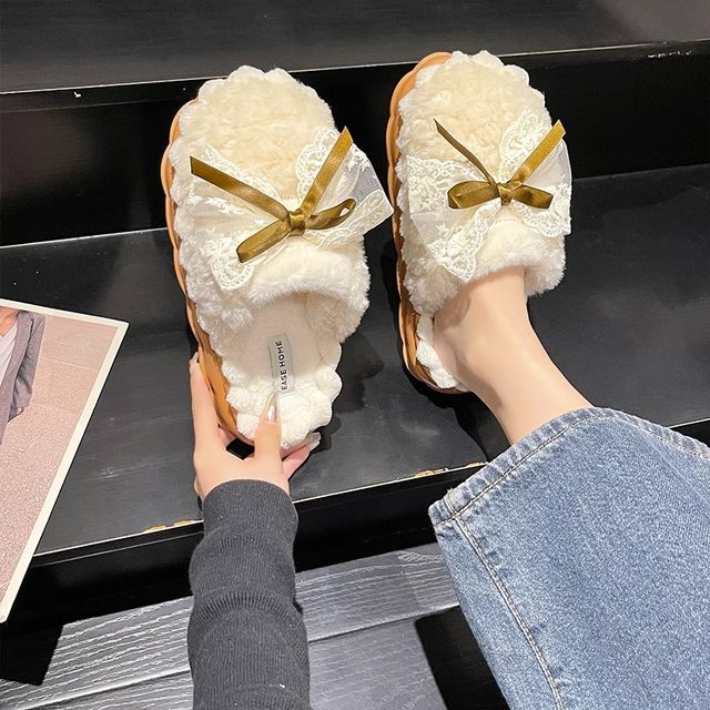 Bow cotton slippers for women in winter, warm and non-slip indoor home 2025 new fur slippers for winter