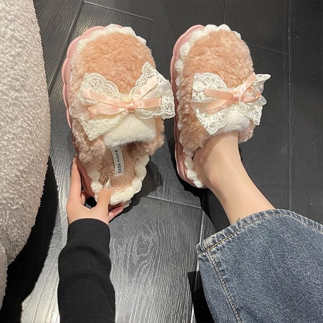Bow cotton slippers for women in winter, warm and non-slip indoor home 2025 new fur slippers for winter