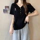 Black V -neck short -sleeved T -shirt Ms. 2023 Summer design sense embroidery, loose large size, shoulder top