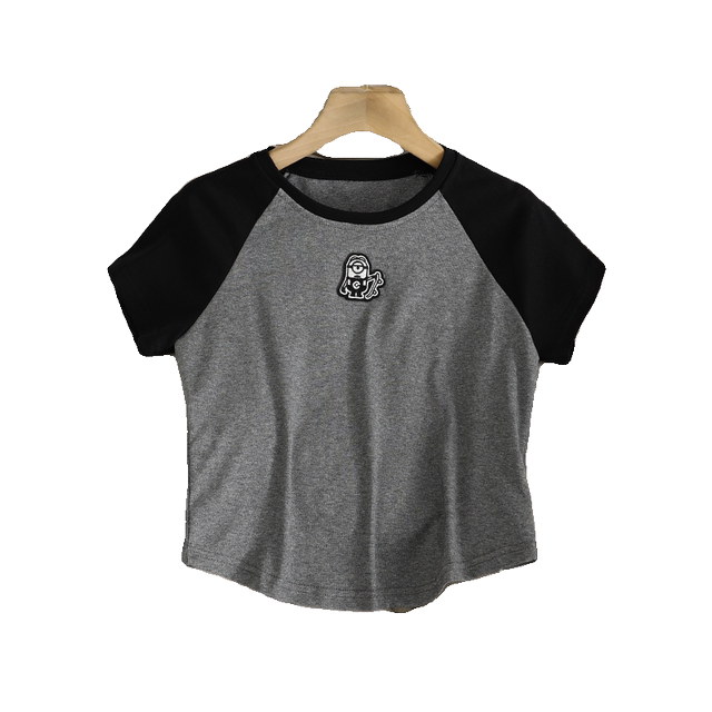 Iranian style! Contrasted color splicing trolley sleeves round neck embroidered short sleeves small slim casual gray T-shirt top for women