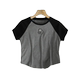 Iranian style! Contrasted color splicing trolley sleeves round neck embroidered short sleeves small slim casual gray T-shirt top for women