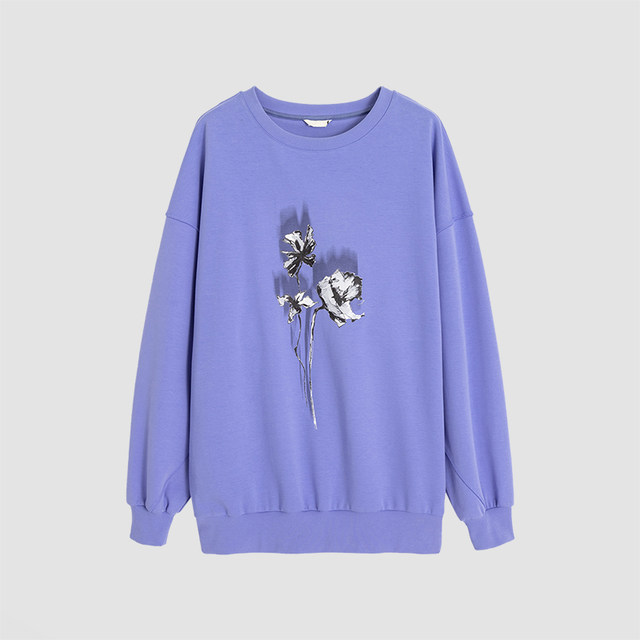 Spring new loose and versatile casual relaxed shoulder flower printed sweatshirt
