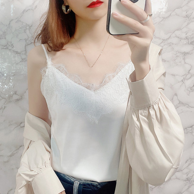 Eyelasse lace V -neck satin suspender vest female summer with a suit with bottom ice silk white acetic acid top

