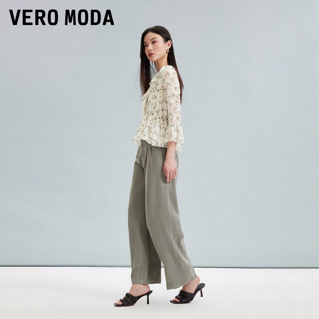 Vero Moda Outlet top for women in summer new shopping mall same gentle sweet floral V-neck seven-quarter sleeves ruffle edge