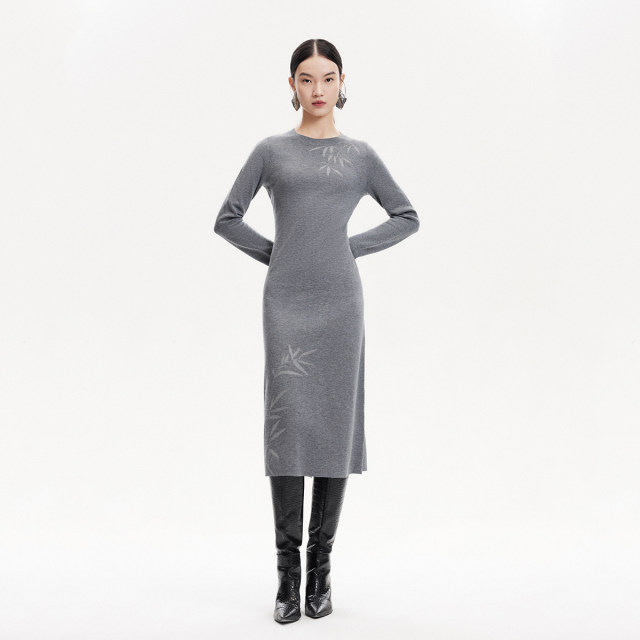Vero Moda Outlet Knitted Dress Fall New Bamboo Print Rear Slit Long Sleeve Round Neck Trendy
