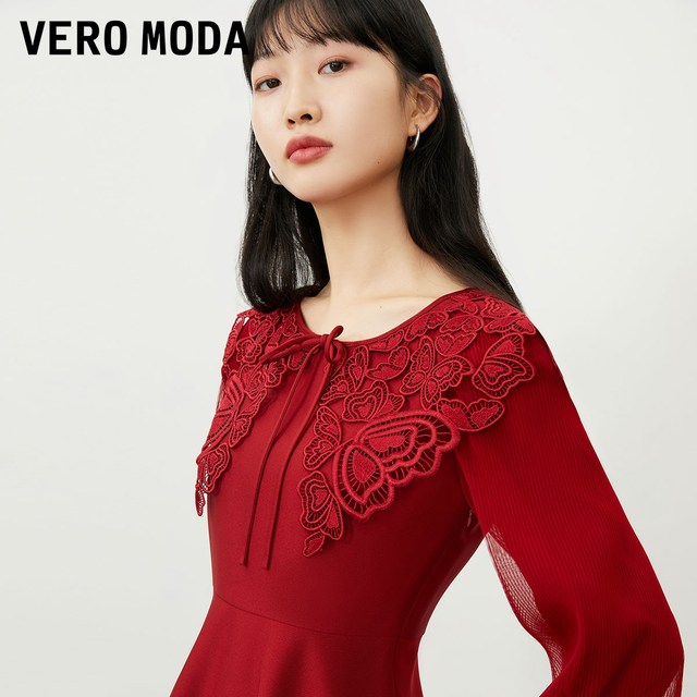 Vero Moda Outlet Dress Spring and Autumn New A-line Skirt Cropped Sleeve Romantic Elegant Temperament Lace Neck