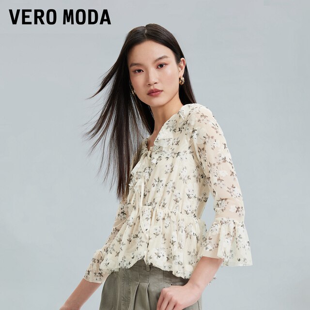 Vero Moda Outlet top for women in summer new shopping mall same gentle sweet floral V-neck seven-quarter sleeves ruffle edge