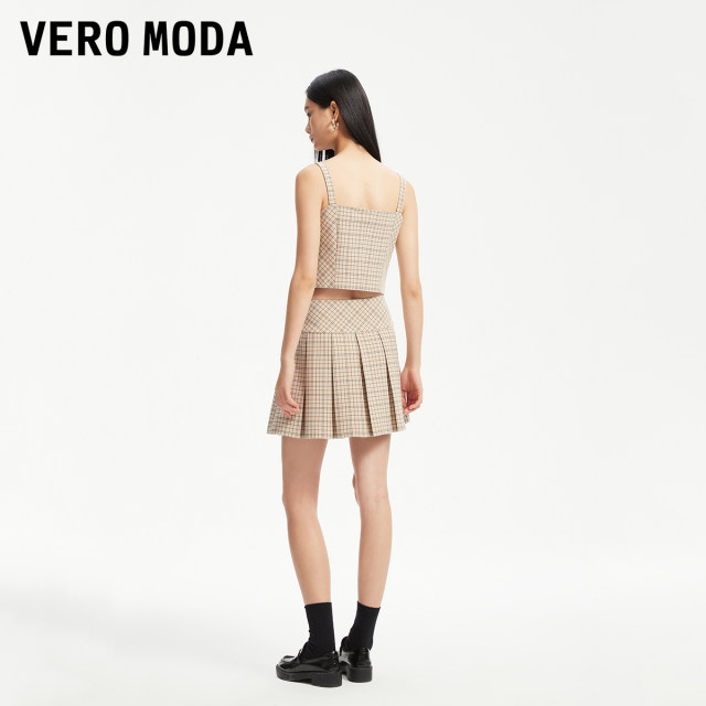 Vero Moda Outlet Skirt New Summer Retro Checker Academy Style High Waist Pleated Skirts Trendy