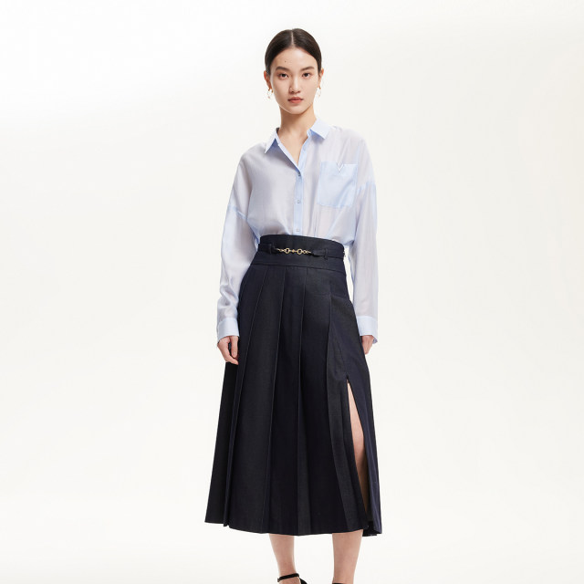 Vero Moda skirt 2025 summer new mall same original color denim pleated long skirt 325137011