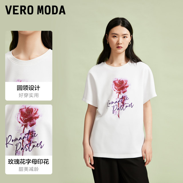 Vero Moda Outlet T-shirt for women in summer new loose casual round neck rose printed temperament short-sleeved top