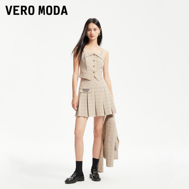 Vero Moda Outlet Skirt New Summer Retro Checker Academy Style High Waist Pleated Skirts Trendy