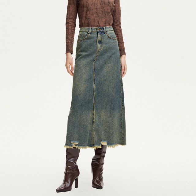 Vero Moda Outlet denim skirt summer new A-version breasted wash retro stylish long skirt trendy