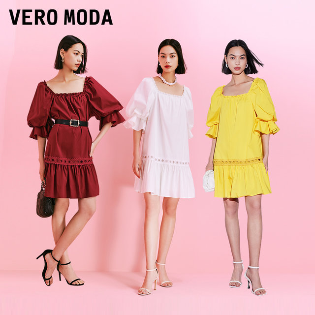 Vero Moda Outlet Dress Summer New Sweet and Age Reducing Fashion Square Collar Puff Sleeve Loose Doll Dress
