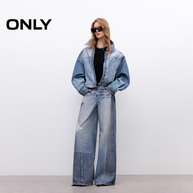 ONLY Outlet 2025 summer new 3D digital printing design loose shoulder lapel long sleeve denim jacket for women