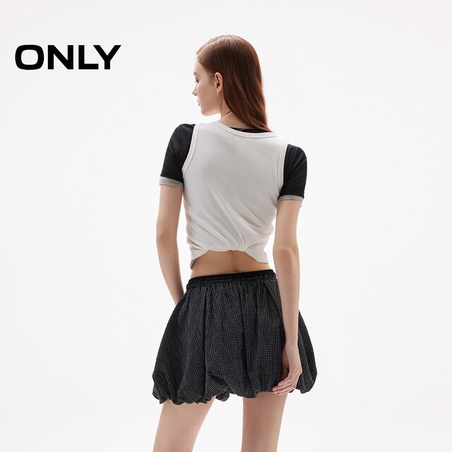 ONLY2025 summer new retro plaid elastic waist playful pumpkin skirt high waist flower bud skirt skirt women

