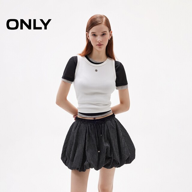 ONLY2025 summer new retro plaid elastic waist playful pumpkin skirt high waist flower bud skirt skirt women
