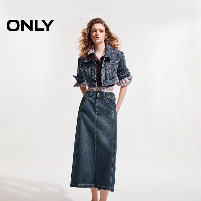 ONLY Outlet 2025 summer new fashion retro old cotton straight denim skirt for women
