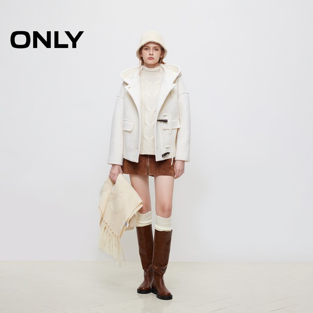 ONLY Spring Academy Style Bullhorn Buckle Hooded Solid Color Shoulder Woolen Coat Women