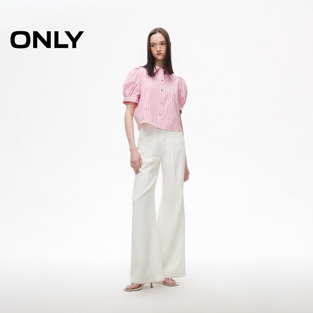 ONLY Summer Sweet Style Casual Stripe Embroidered Puff Sleeve Front Shoulder Shirt for Women
