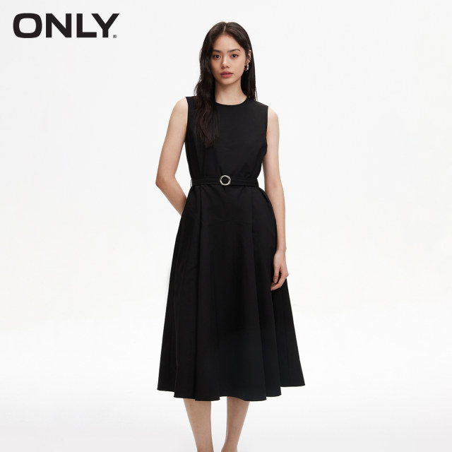 ONLY Summer Temperament Versatile Round Neck Mid-Length Solid Color A-line Dress for Women