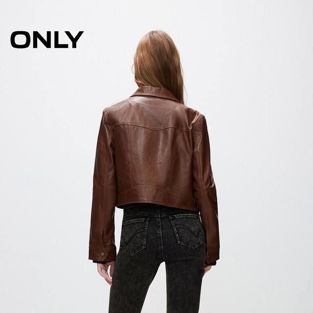 ONLY spring retro versatile slim sheep leather long-sleeved short leather jacket for women