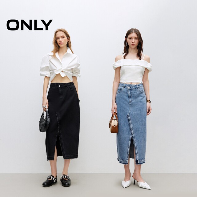 ONLY Outlet 2025 summer new fashionable and versatile slit high waist mid-length skirt denim skirt women
