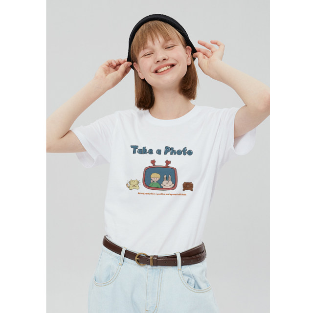 Cotton and Japanese cute cartoon gray, short -sleeved short -sleeved T -shirt female pure cotton loose summer small half -sleeve top
