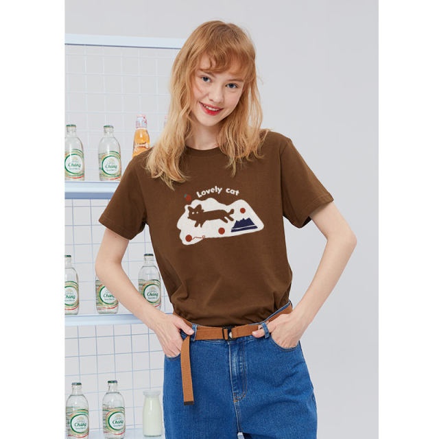 Cotton Glutter Cool Wind Cartoon T -shirts, Shoulder Short -sleeved Women Short Summer Round Neck Tau 100%Cotton Black Half -sleeve