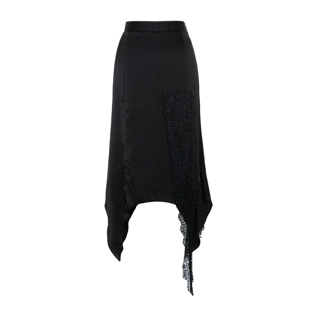 XG Xue Ge Full Print Irregular Skirt 2024 Autumn New Creative Lace Spliced ​​Black Long Skirt for Women