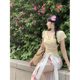 Satin lace-up bow vintage floral skirt women's summer long skirt high waist fishtail skirt swinging collar T-shirt suit
