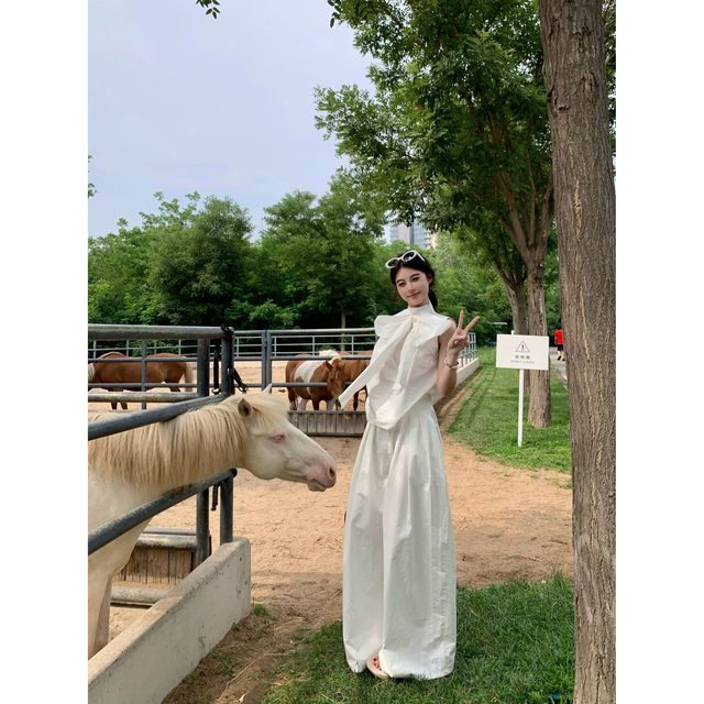 Bow tied sleeveless vest shirt for women in summer loose temperament shirt design sense chic white top
