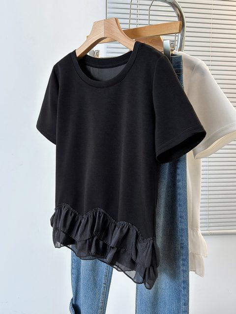 Pure cotton large size design sensor pocket big U -collar short -sleeved T -shirt female summer new bottom shirt loose and thin top girl

