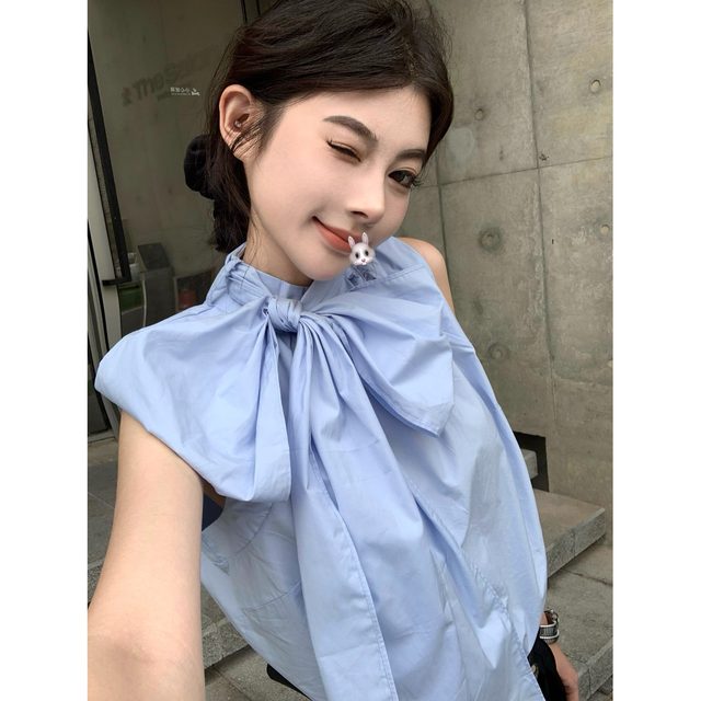 Bow tied sleeveless vest shirt for women in summer loose temperament shirt design sense chic white top
