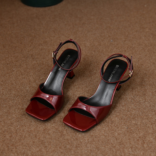 
French high-heeled temperament versatile back empty women's shoes 2025 summer new open toe one-word buckle strap square toe stiletto sandals for women