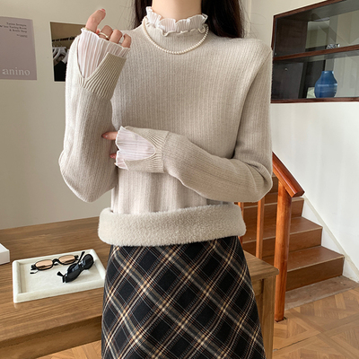 taobao agent Warm long-sleeve, lace velvet scarf, knitted sweater, high collar, 2023 collection