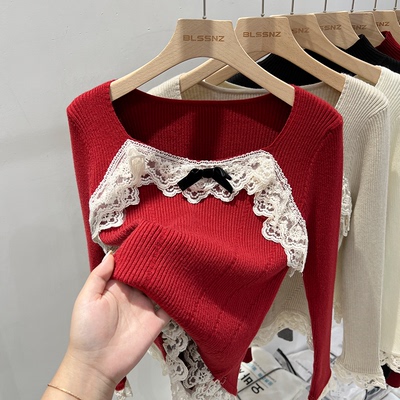 taobao agent Red demi-season lace sweater, knitted jacket, square neckline