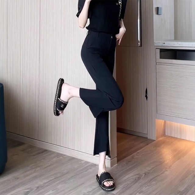 2025 summer new large-size slit nine-point suit pants black versatile slim high waist slightly flare casual pants for women
