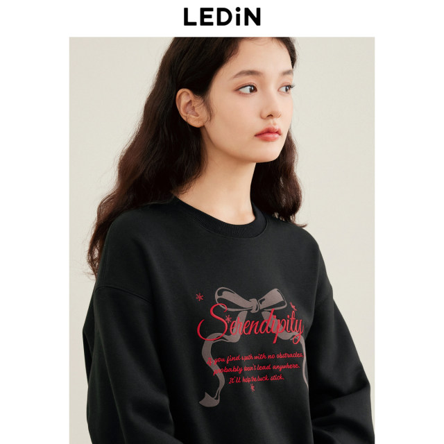 Lechang Bow Printing Flower Circle Round Sweatshin Women's Women's Winter New Loose Shoulder Embroidery Top*
