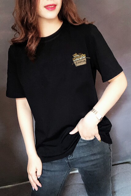 2025 summer women's short-sleeved T-shirt black pure cotton letter embroidered round neck Korean version large size half-sleeved slim fit and trendy
