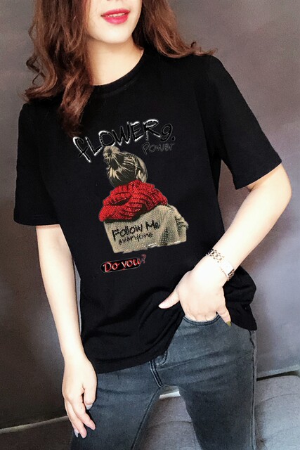 2025 summer women's short-sleeved T-shirt black pure cotton letter embroidered round neck Korean version large size half-sleeved slim fit and trendy
