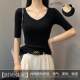 Threaded V-neck mid-sleeved T-shirt for women in spring and summer slim 2025 new base shirt low collar inner five-point sleeve half-sleeved top