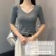 Threaded V-neck mid-sleeved T-shirt for women in spring and summer slim 2025 new base shirt low collar inner five-point sleeve half-sleeved top