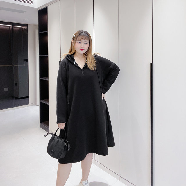 300Jin [Jin is equal to 0.5kg] Extra large size women's fat m big bust plus velvet zipper long hooded sweatshirt skirt lazy casual dress