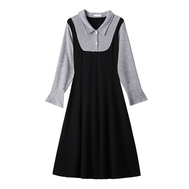 300Jin [Jin is equal to 0.5kg] Fat Ying plus size women's college style contrasting color fake two-piece Korean style loose and age-reducing long dress