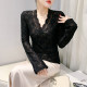 European base shirt for women in spring and autumn sexy hollow V-neck lace shirt for women long sleeve tight inner top temperament shirt