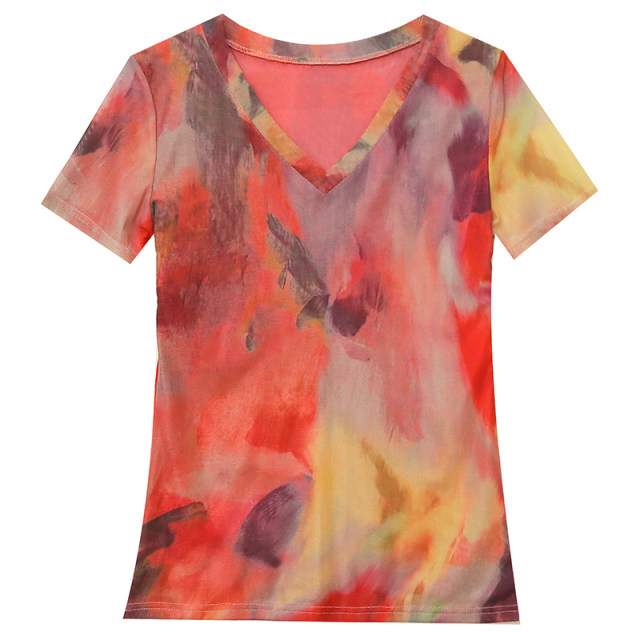 2025 summer new fashion printed V-neck T-shirt for women short-sleeved European tie-dye mesh top slim half-sleeved shirt