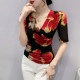 Fashion printed V-neck T-shirt for women's mid-sleeved European 2025 new fashionable sexy mesh top slim and small shirt